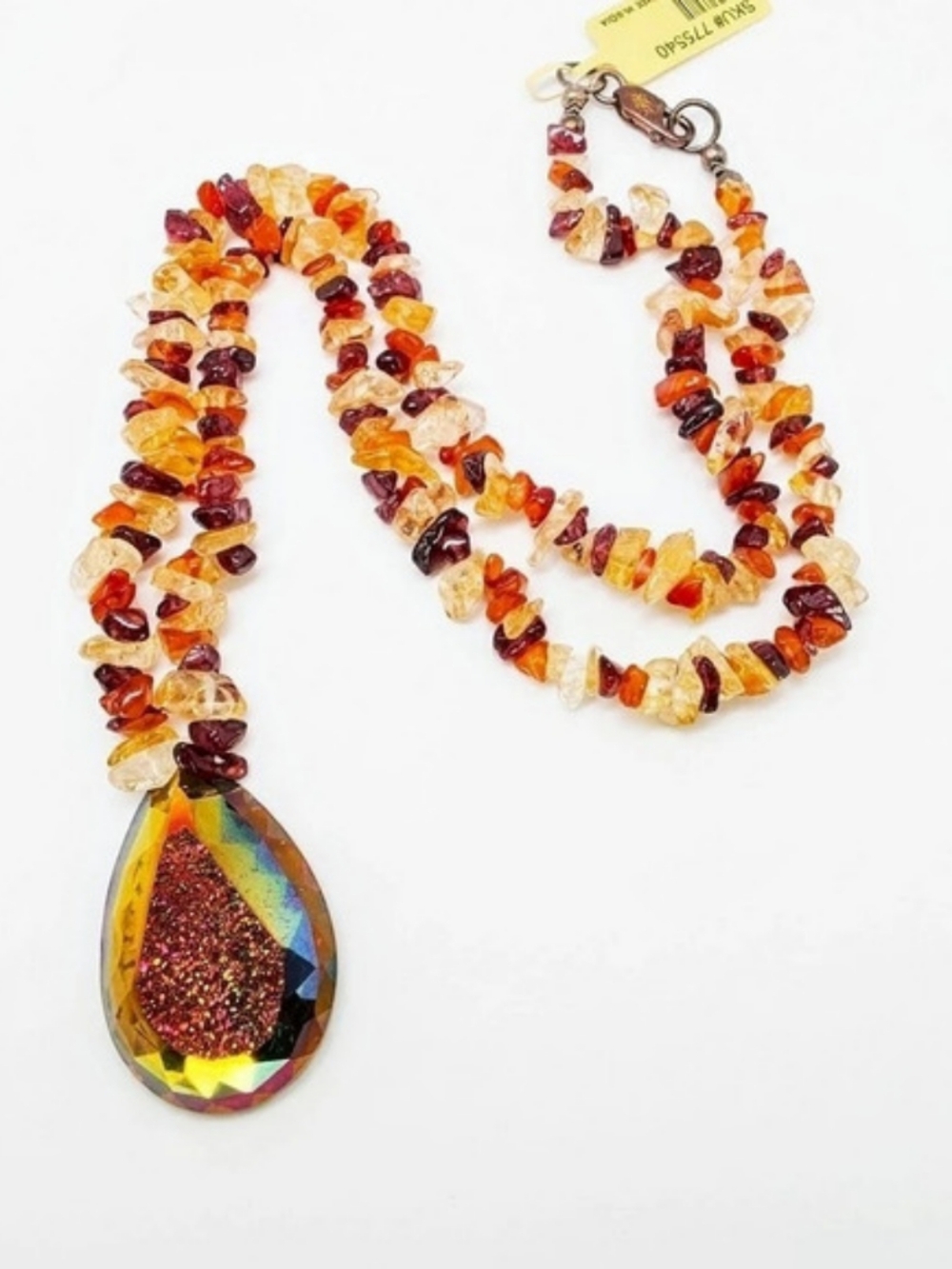 Vtg NWT Sterling Titanium Druzy Pendant Multi Strand Citrine Gemstone Necklace